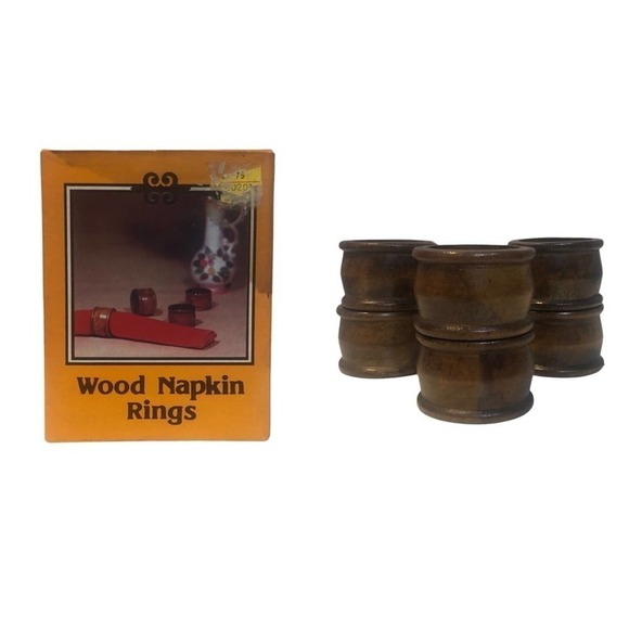 VINTAGE Set of 6 Wooden Napkin Rings with Original Box - Picture 1 of 5